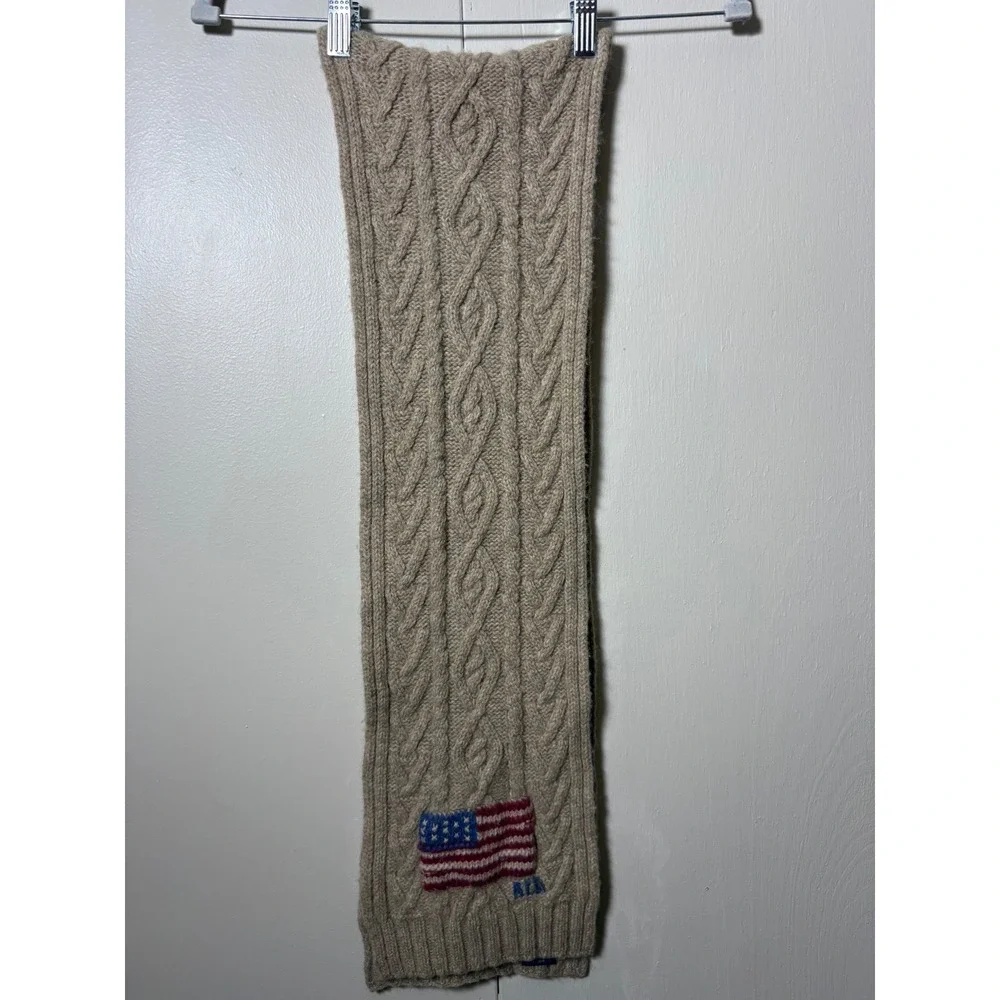 Polo Ralph Lauren Cable Knit Scarf Lambswool Blend American Flag Oatmeal  Luxury